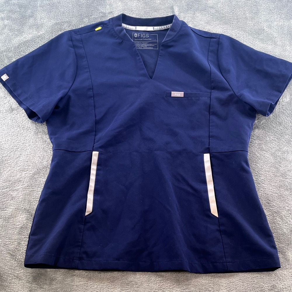 FIGS Technical Collection Navy Blue Scrub Top Notch V-Neck Large